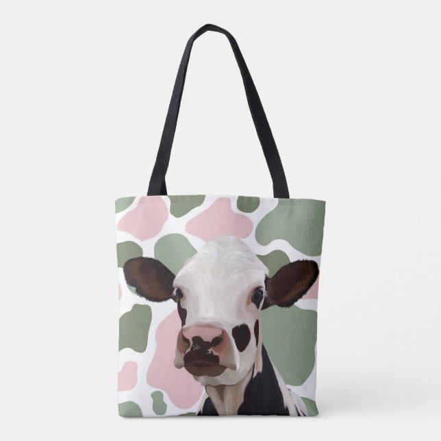 Cow Lovers Sage Green and Pink Cow Print Tote Bag (Back)