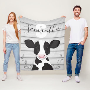 Cow Monogram Rustic Grey Wood Fleece Blanket