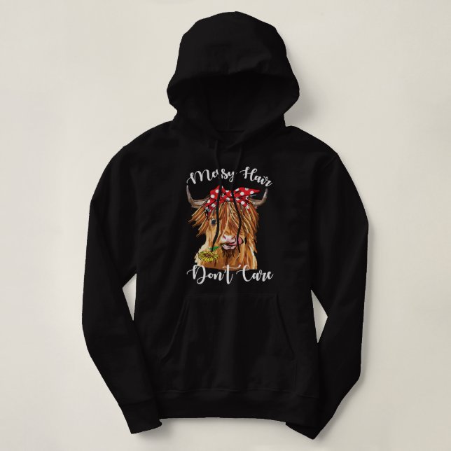 Cow Mooey Messy Hair Do not Care Highland Cow Love Hoodie (Design Front)