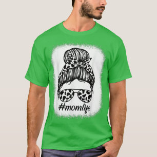 Cow Mum Life Farmer Mothers Day Messy Bun Bleached T-Shirt