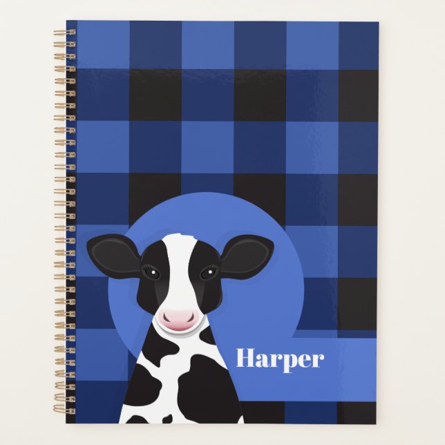 Cow Name Blue Plaid Animal Pattern Planner (Front)