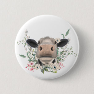 cow nose kiss flowers watercolor grey farm animal 6 cm round badge