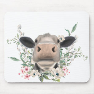 cow nose kiss flowers watercolor grey farm animal mouse pad