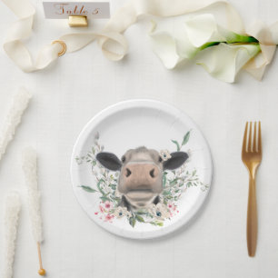 cow nose kiss flowers watercolor grey farm animal paper plate