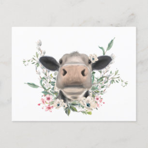 cow nose kiss flowers watercolor grey farm animal postcard