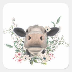 cow nose kiss flowers watercolor grey farm animal square sticker
