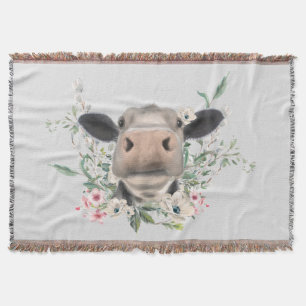 cow nose kiss flowers watercolor grey farm animal throw blanket