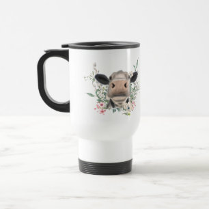 cow nose kiss flowers watercolor grey farm animal travel mug