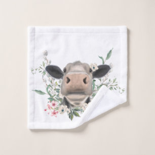 cow nose kiss flowers watercolor grey farm animal wash cloth