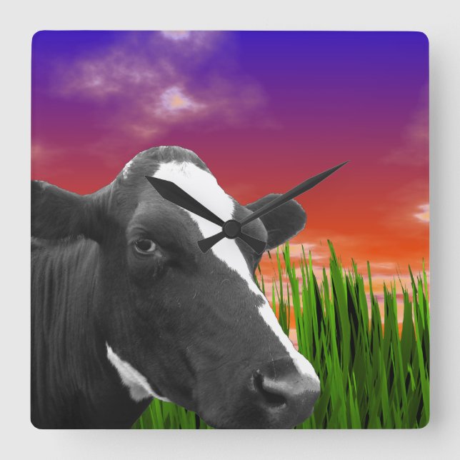 Cow On Grass & Vivid Sunset Sky Square Wall Clock (Front)
