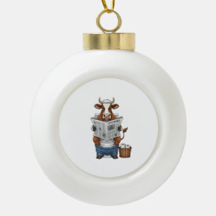 Cow on Toilet PNG, Funny Farm Animal Ceramic Ball Christmas Ornament