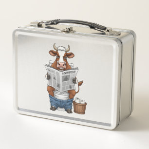 Cow on Toilet PNG, Funny Farm Animal Metal Lunch Box