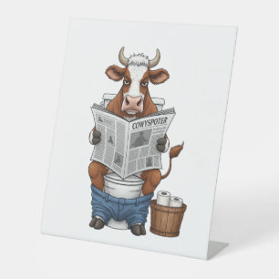 Cow on Toilet PNG, Funny Farm Animal Pedestal Sign
