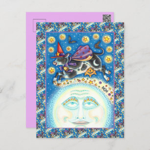 COW OVER THE MAN IN THE MOON, COLORFUL WHIMSY HOLIDAY POSTCARD