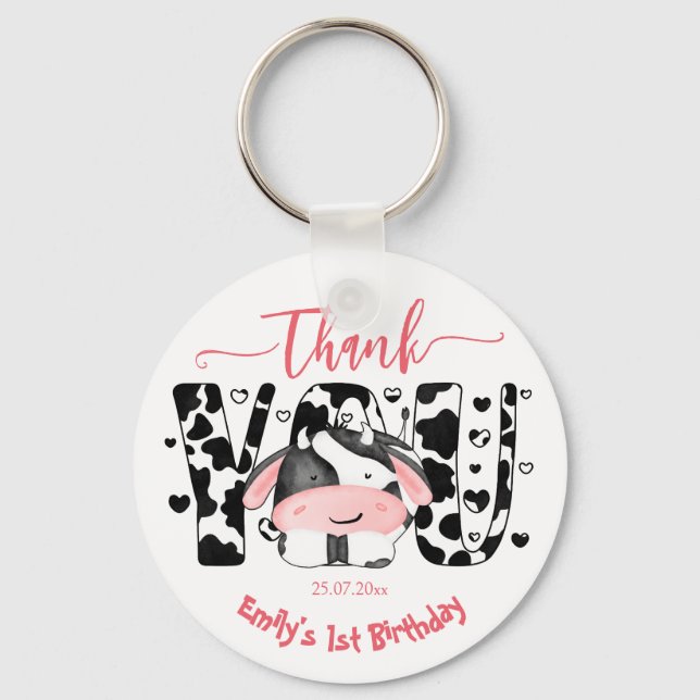 Cow party pink cow thank you favour key ring (Front)
