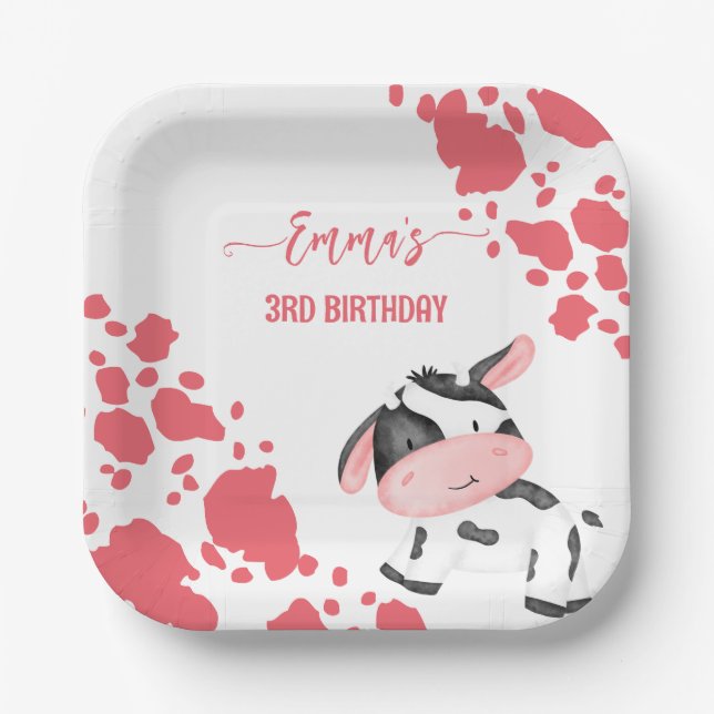 Cow party tableware pink cow pattern personalised paper plate (Front)