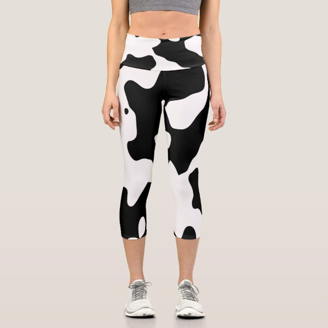 Cow Pattern Black and White Capri Leggings (Front)