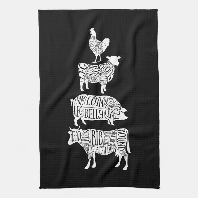 cow pig chicken butcher meat cuts art small holder tea towel (Vertical)