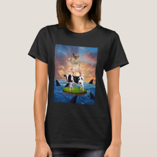 Cow Pig Sheep Chicken On The Sea Sharks Funny Anim T-Shirt