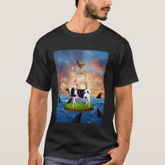 Cow Pig Sheep Chicken On The Sea Sharks Funny Anim T-Shirt