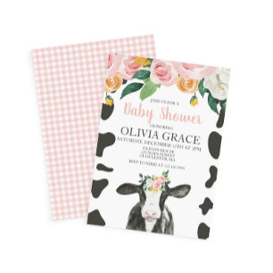 Cow Pink Floral and Gingham Baby Shower Invitation
