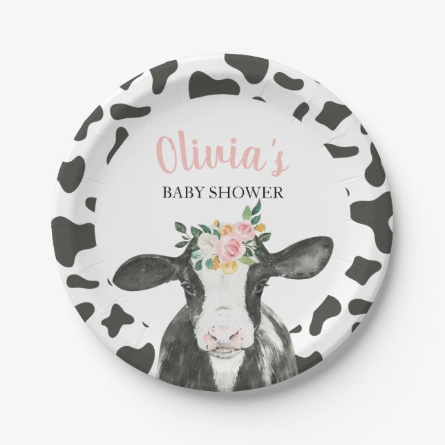 Cow Pink Floral and Gingham Baby Shower Paper Plate (Front)
