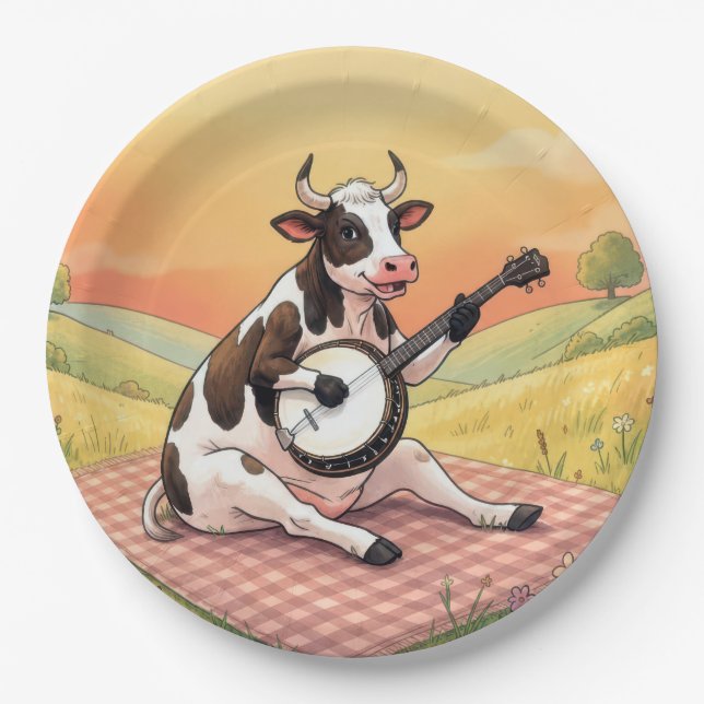 Cow Playing a Banjo on a Blanket Paper Plate (Front)