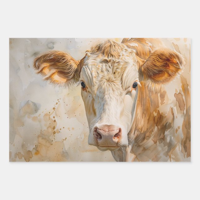 Cow Portrait Watercolor Painting Decoupage Wrapping Paper Sheet (Front)