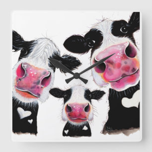 CoW PRiNT, ANiMaL PRiNT ' THe NoSeY CoWS ' Square Wall Clock