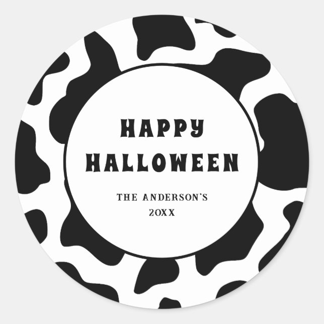 Cow Print Black & White Happy Halloween Classic Round Sticker (Front)