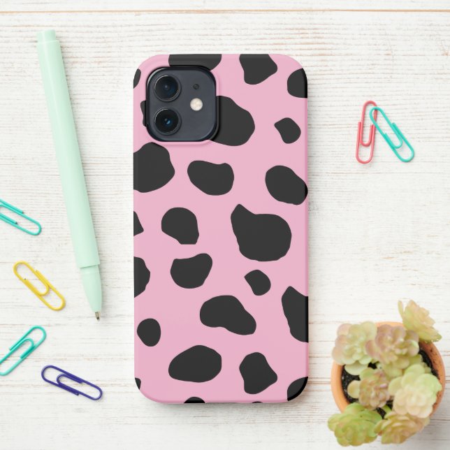 Cow Print, Cow Pattern, Cow Spots, Pink Cow iPhone Case (On Desk)
