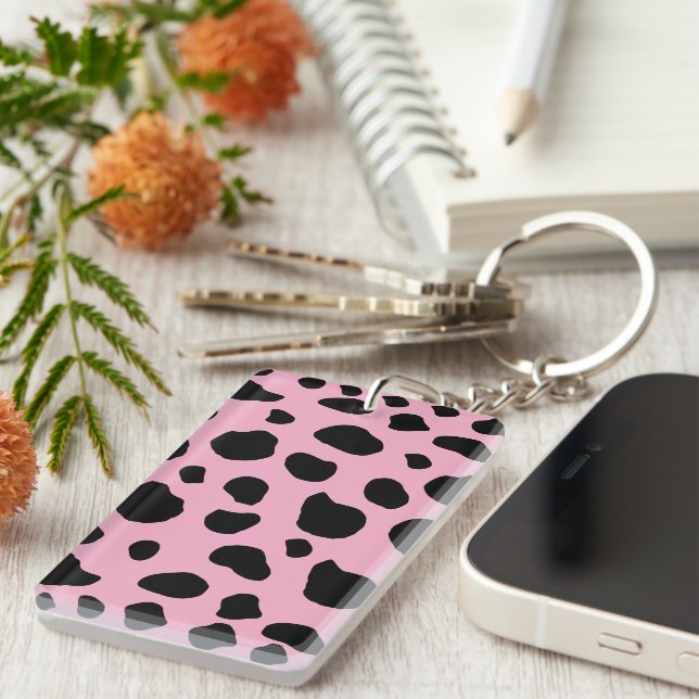 Cow Print, Cow Pattern, Cow Spots, Pink Cow Key Ring (Front Right)