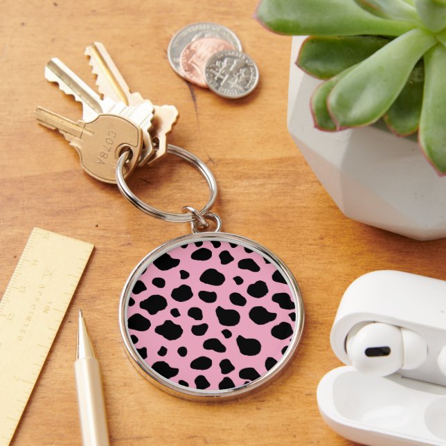 Cow Print, Cow Pattern, Cow Spots, Pink Cow Key Ring (Desk)