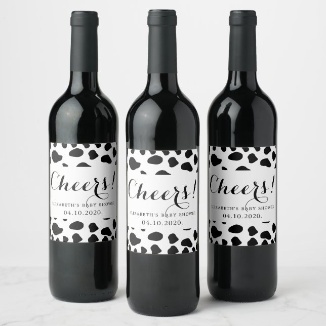 Cow Print, Cow Spots, Black And White, Baby Shower Wine Label (Bottles)