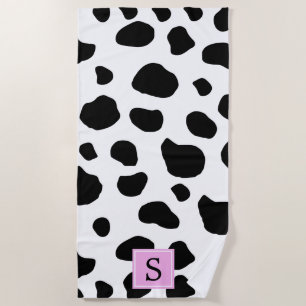 Cow Print, Cow Spots, Black And White, Monogram Beach Towel