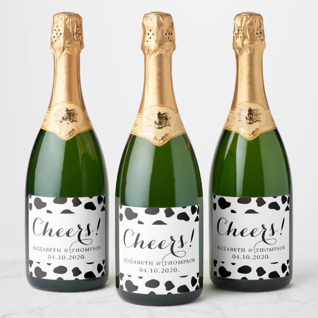 Cow Print, Cow Spots, Black And White, Wedding Sparkling Wine Label (Bottles)