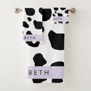 Cow Print, Cow Spots, Black And White, Your Name Bath Towel Set