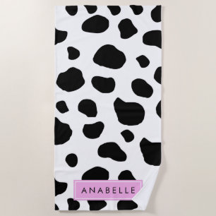 Cow Print, Cow Spots, Black And White, Your Name Beach Towel