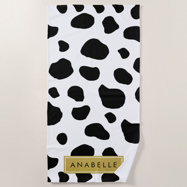Cow Print, Cow Spots, Black And White, Your Name Beach Towel (Front)