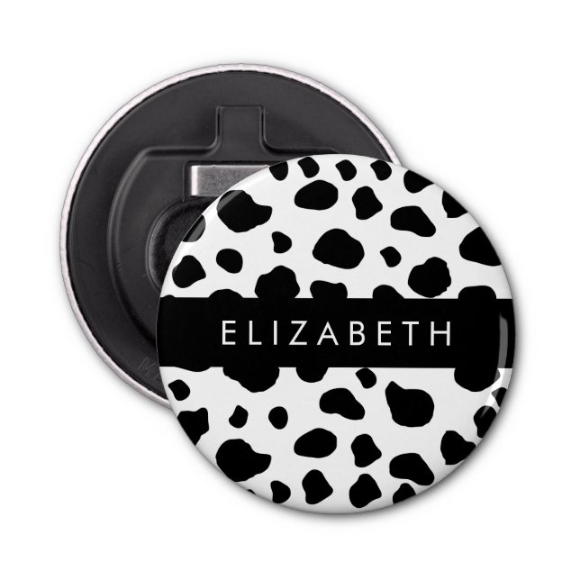 Cow Print, Cow Spots, Black And White, Your Name Bottle Opener (Front)