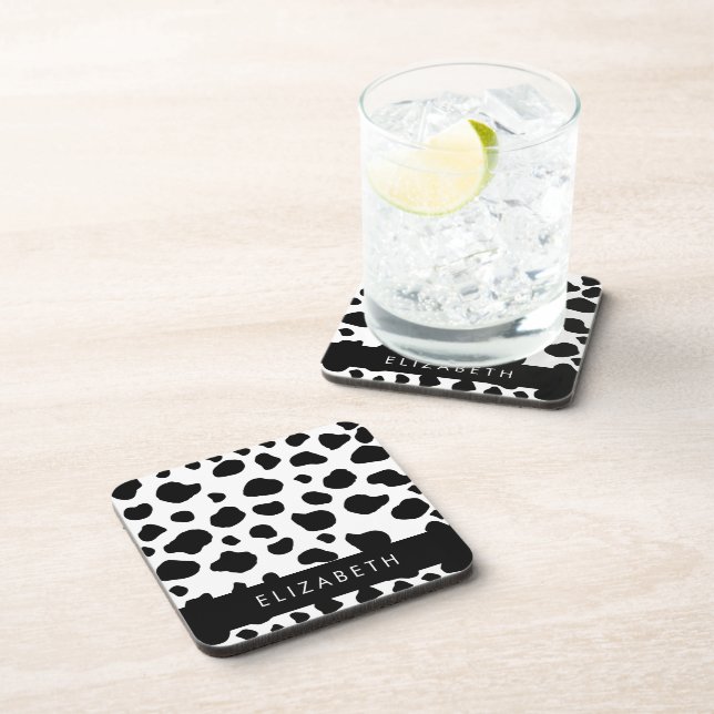 Cow Print, Cow Spots, Black And White, Your Name Coaster (Right Side)