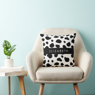 Cow Print, Cow Spots, Black And White, Your Name Cushion