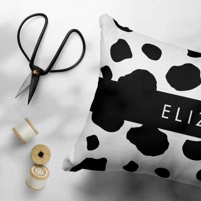 Cow Print, Cow Spots, Black And White, Your Name Decorative Cushion (Creator Uploaded)