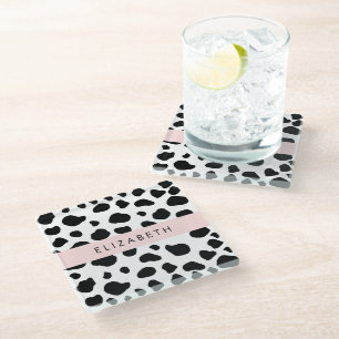 Cow Print, Cow Spots, Black And White, Your Name Glass Coaster