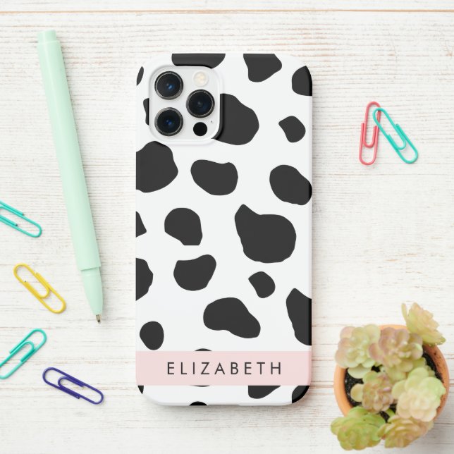Cow Print, Cow Spots, Black And White, Your Name iPhone Case (On Desk)