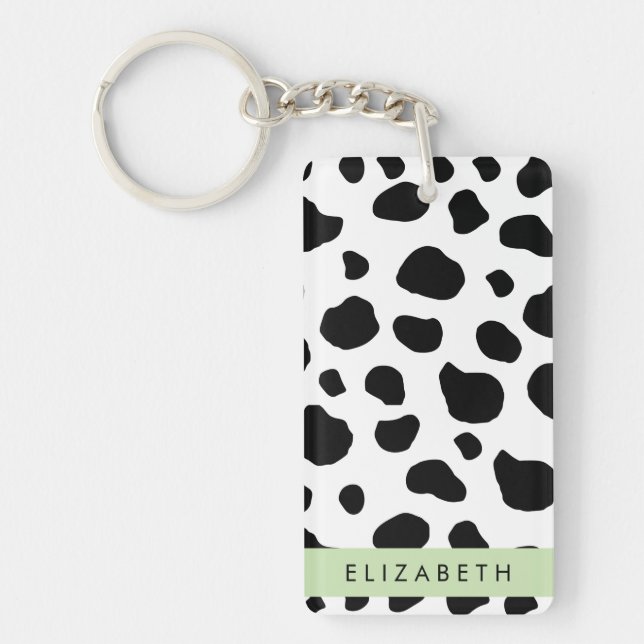 Cow Print, Cow Spots, Black And White, Your Name Key Ring (Front)