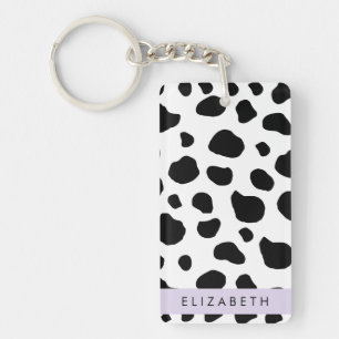 Cow Print, Cow Spots, Black And White, Your Name Key Ring