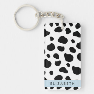 Cow Print, Cow Spots, Black And White, Your Name Key Ring