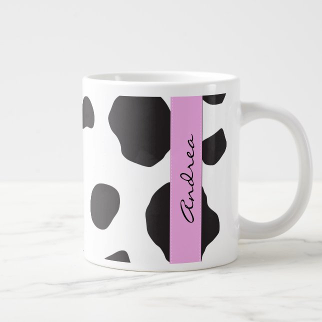 Cow Print, Cow Spots, Black And White, Your Name Large Coffee Mug (Right)