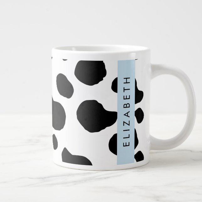 Cow Print, Cow Spots, Black And White, Your Name Large Coffee Mug (Right)